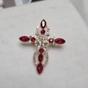 Women's Red Gold Cross Brooch Retro Style Pin Rhinestones Sparkling Elegant